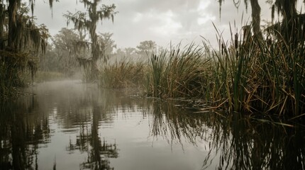 Obraz premium Misty swamp landscape with cattails, cypress trees, and reflections in the water