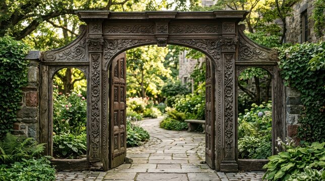 Ornate Stone Garden Archway Entrance with Open Wooden Doors and Lush Green Foliage Path