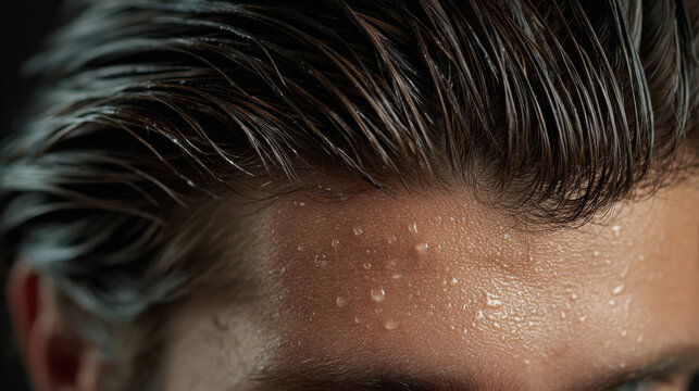 Wet hair close up male head human skin sweat drop hair strand forehead wet skin dark hair portrait