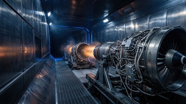 Powerful jet turbine engines roaring with controlled thrust inside a high-tech industrial testing facility