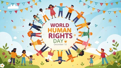 Diverse People Holding Hands in Circle Celebrating World Human Rights Day