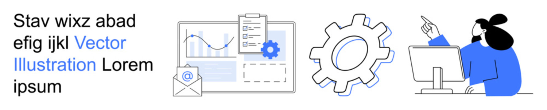 Marketing strategies, business analytics, workflow automation, productivity, teamwork, operations management. Graphs, gear professional working at a computer. Business analytics and workflow