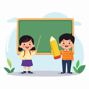 Children with Pencil and Pointer at Blackboard