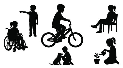 Obraz premium Diverse group of young children shown as black vector silhouettes engaged in various daily activities today