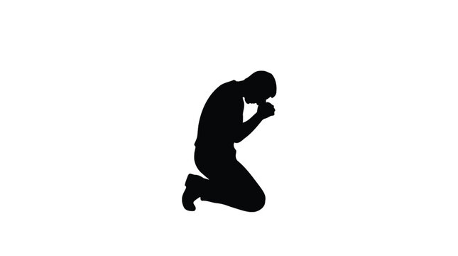 Black silhouette vector illustration of a man kneeling in humble prayer on a white background