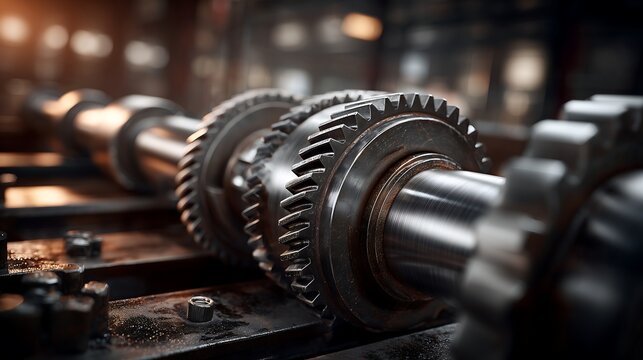 Industrial bearing arrangement with gears and machine tools in heavy engineering workshop, featuring realistic metallic textures and dramatic shadows