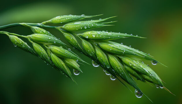 Green wheat ear dew drop morning light close up macro photo fresh plant green grain field crop spring growth blurred background