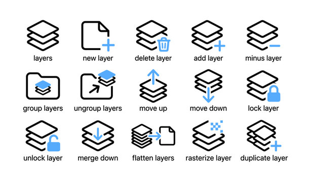 Layer icons showing add delete and group actions on grid