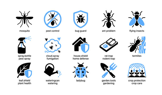 Pest control and garden protection icons on white background