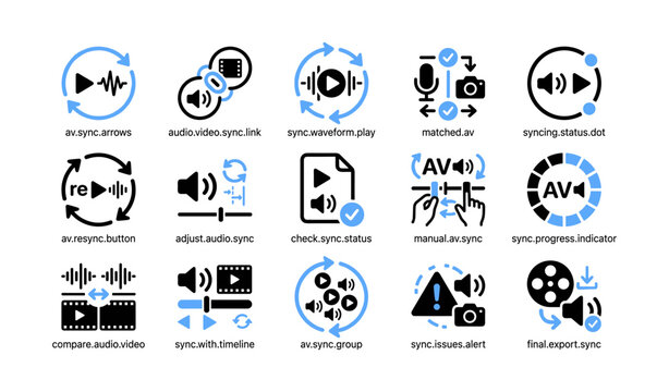 Audio and video sync icons arranged in grid on white