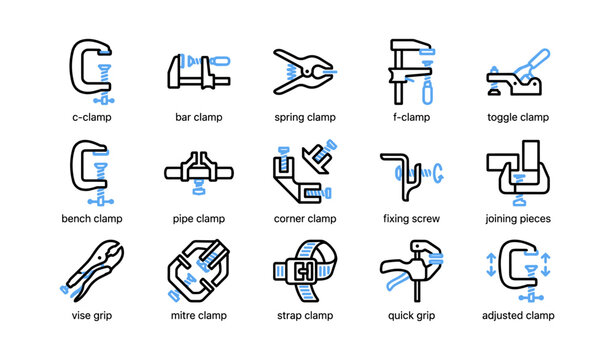Various clamp and fastening icons in grid on white background