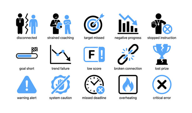 Icons representing failures and alerts on white background