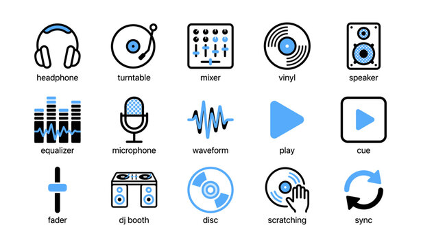 Audio and dj icons arranged in grid on white background