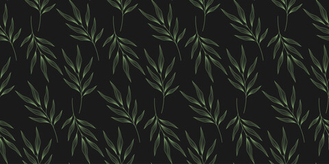 Olive twigs seamless pattern with deep green leaves Minimalist Flat botanical Mediterranean Handdrawn. Vector fabric wallpaper scrapbook paper stationery packaging design banner and social media post. © Nataliya