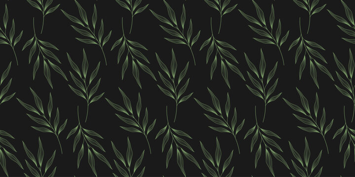 Olive twigs seamless pattern with deep green leaves Minimalist Flat botanical Mediterranean Handdrawn. Vector fabric wallpaper scrapbook paper stationery packaging design banner and social media post.