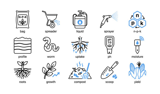 Fertilizer and gardening icons arranged in grid on white background