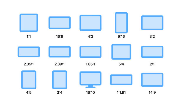 Grid of aspect ratio icons and screen shapes on white background