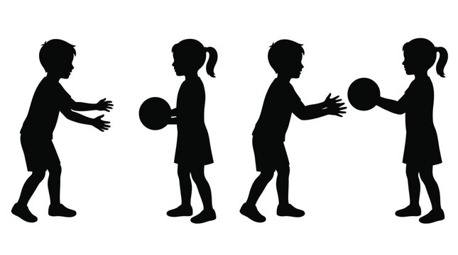 Black silhouette vector graphic illustration of young children playing together with a simple round ball