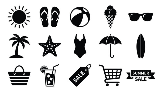 Summer sale icon set featuring beach vacation essentials and seasonal shopping promotional graphics