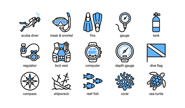 Scuba diving icons showing equipment, navigation and marine life
