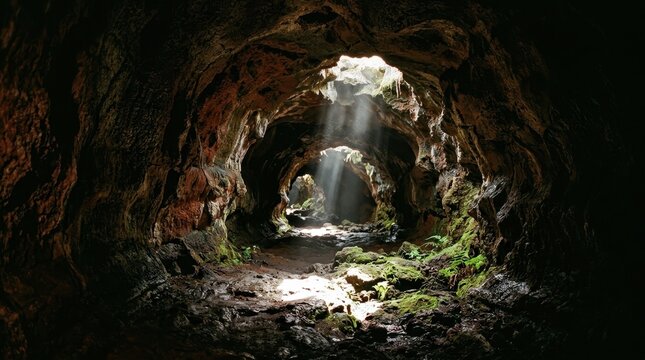 Sunlight beams pierce a volcanic lava tube cave revealing mossy rock formations and geological wonders