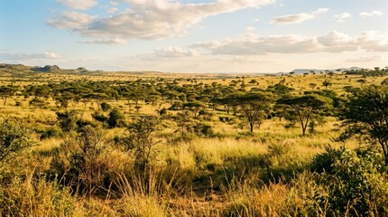 Fototapeta premium Vast African Savanna Landscape Under a Cloudy Golden Sky at Sunset