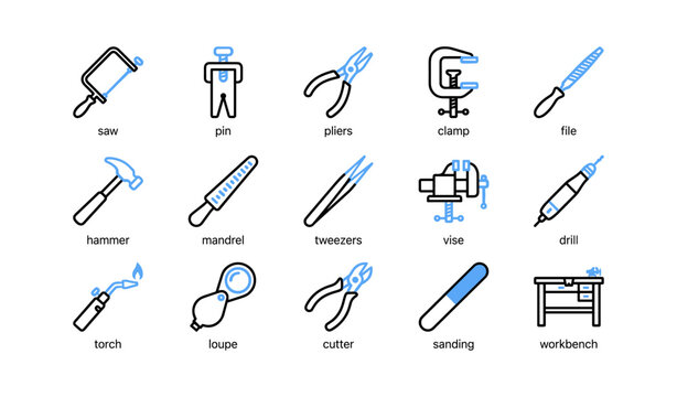 Hand tool icons arranged in grid on white workspace background