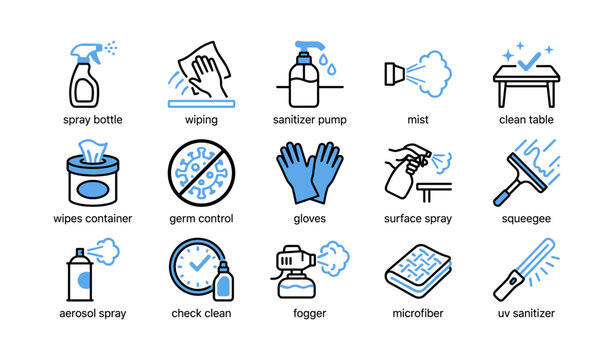 Cleaning and sanitizing icons arranged in grid on white
