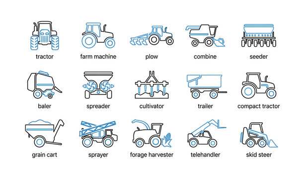 Farm machinery icons showing tractors and implements in grid