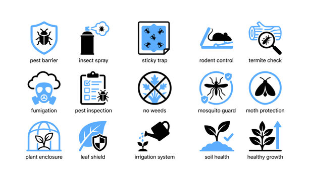 Pest control and plant health icons arranged on white grid