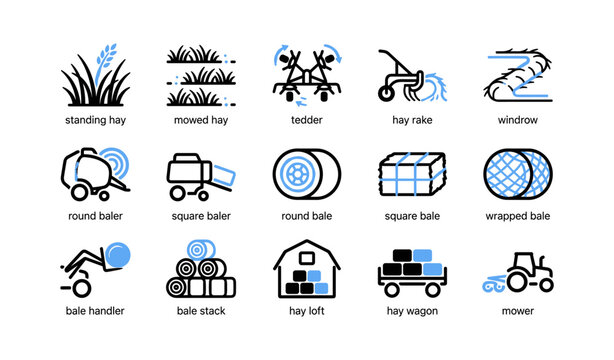 Hay and baling icons showing handling storage and transport on white