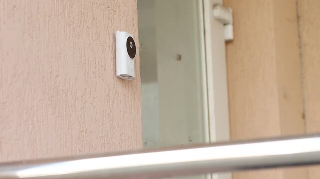 Modern intercom system on building outdoors, closeup