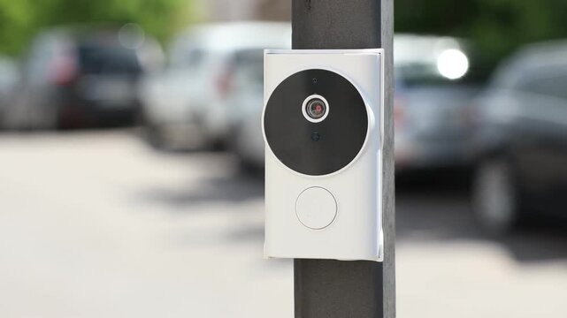 Modern intercom system on gate outdoors, closeup