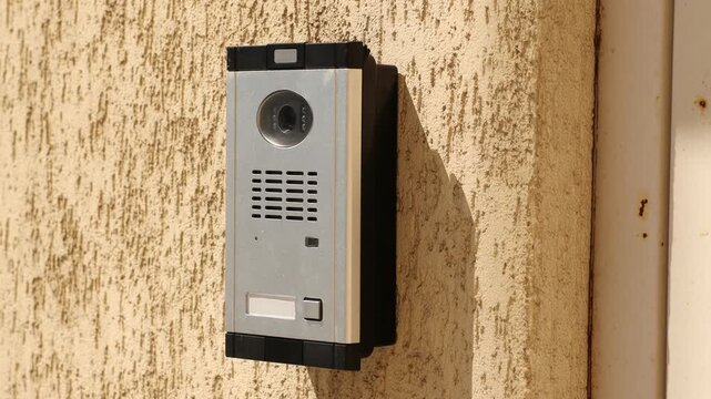 Modern intercom system on building outdoors, closeup. Camera moving right