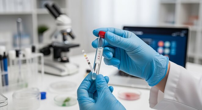 Healthcare worker analyzing hantavirus test tube with various result options in laboratory setting