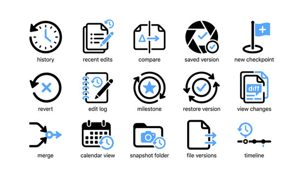 Version control icons showing history edits compare restore