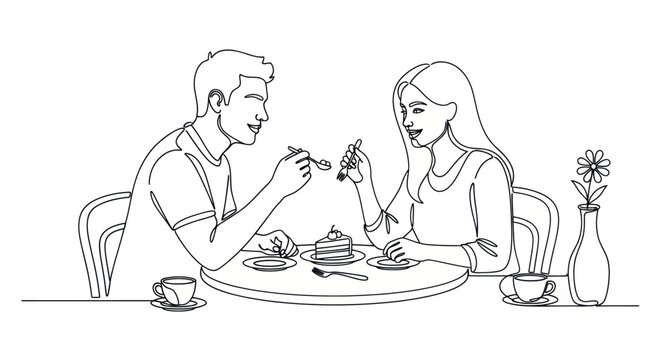 Couple sharing dessert and coffee at a cafe, continuous line drawing