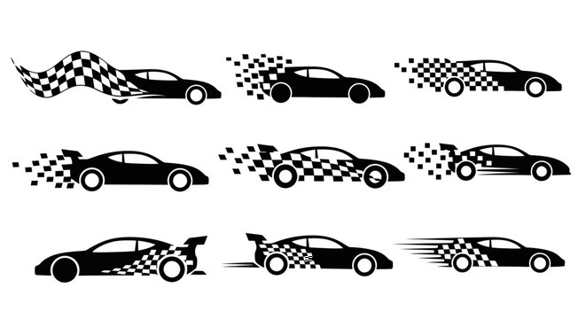 Set of racing cars with checkered flags.