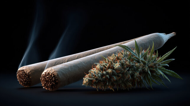 Cannabis joint smoking joint rolled cigarette dried herb marijuana flower green leaf smoke trail black background close up still life