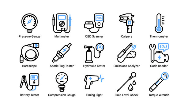 Automotive diagnostic and testing icons showing tools and gauges