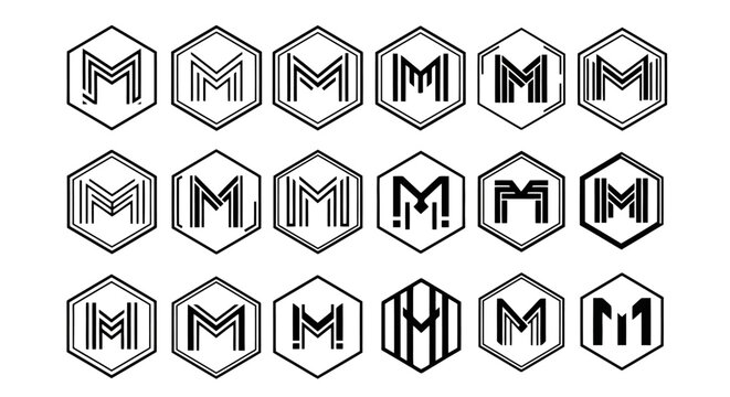 Collection of black and white hexagonal logos with stylized letter M.