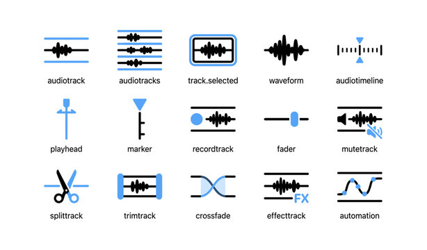 Audio editing and mixing icons arranged in a grid on white background