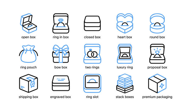 Jewelry boxes and ring packaging icons arranged on white background