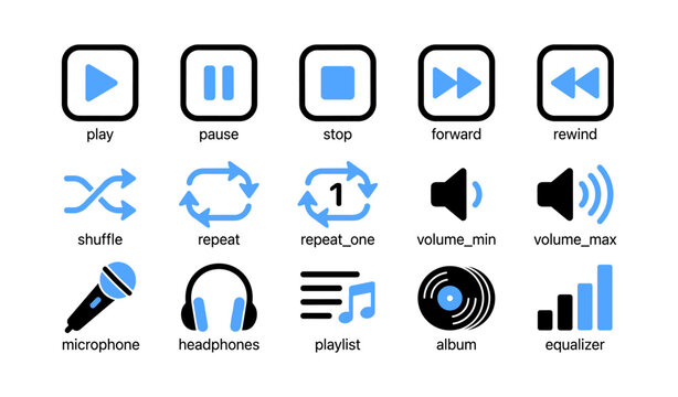Media control and music icons arranged in grid on white background