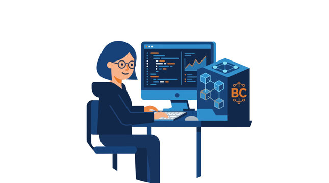 Woman programmer working on computer with blockchain technology concept