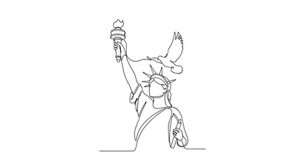 Obraz premium Statue of Liberty with Eagle, Continuous Line Drawing, Symbol of Freedom and USA