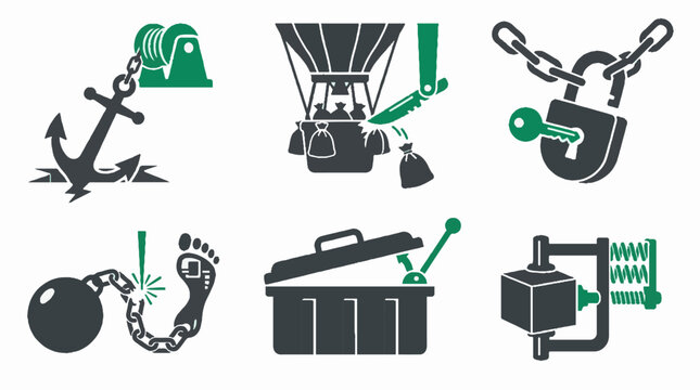 Set of six flat vector icons depicting various mechanical concepts including an anchor, hot air balloon, padlock, ball and chain, box, and clamp