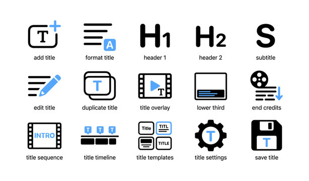 Title and caption icons for video editing displayed on white