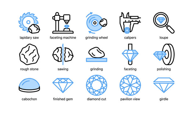 Gemstone cutting and finishing icons showing lapidary processes