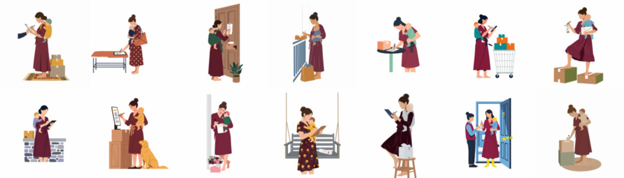 Flat illustration set of a multitasking mother managing parcel deliveries, signing for packages, and handling logistics while caring for her baby at home.
